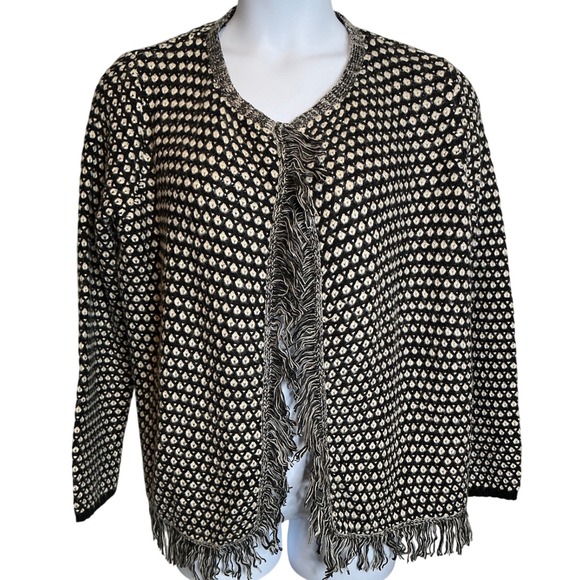 C Wonder Women's Black White Fringe Cardigan Sweater Jacket Size 1X Old Money - Picture 1 of 8